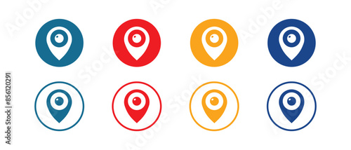 Set of colorful location icon vectors in blue, red, and yellow. Ideal for navigation, mapping, and geolocation uses.