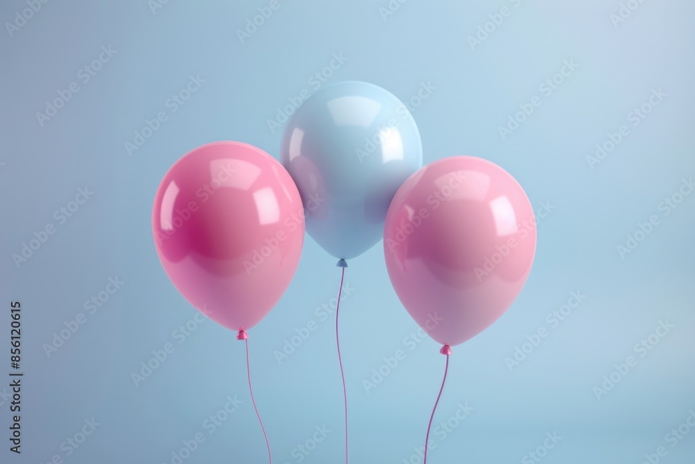 Three pink and blue balloons drifting in mid-air Three pink and blue balloons drifting in mid-air