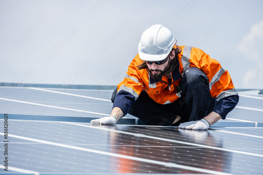 Professional Engineer Service Solar Panel. Worker Maintenance Cleaning Replacing Solar Panel. Solar photovoltaic panel system in Industry roof. Saving Energy with Clean Power. Professional Engineer Service Solar Panel. Worker Maintenance Cleaning Replacing Solar Panel. Solar photovoltaic panel system in Industry roof. Saving Energy with Clean Power.