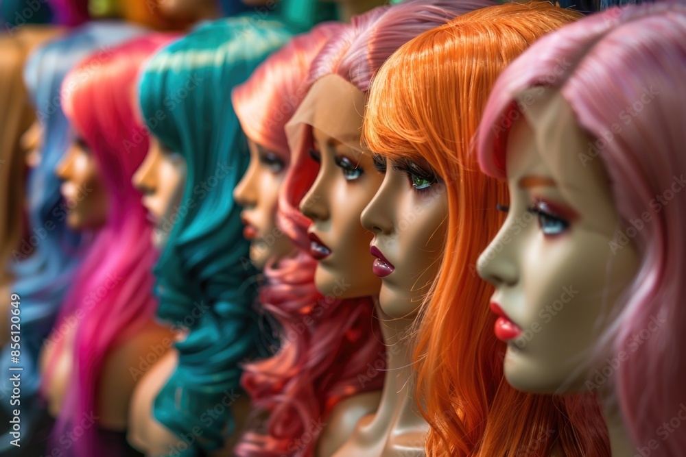 Obraz premium A collection of mannequin heads showcasing various hairstyles and colors