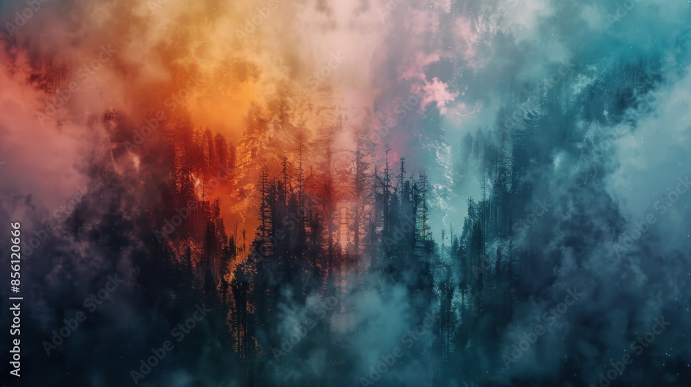 Mystical spruce forest enveloped in fog with vibrant orange and blue nebulae creating a fantasy landscape