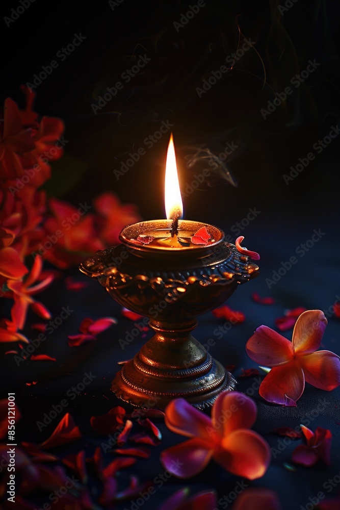 Fototapeta premium A lit candle surrounded by flower petals in a delicate arrangement
