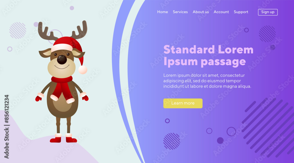 Naklejka premium Smiling reindeer wearing hat and scarf. Christmas design element for poster, banner or landing page. Animal, celebration, winter holiday concept