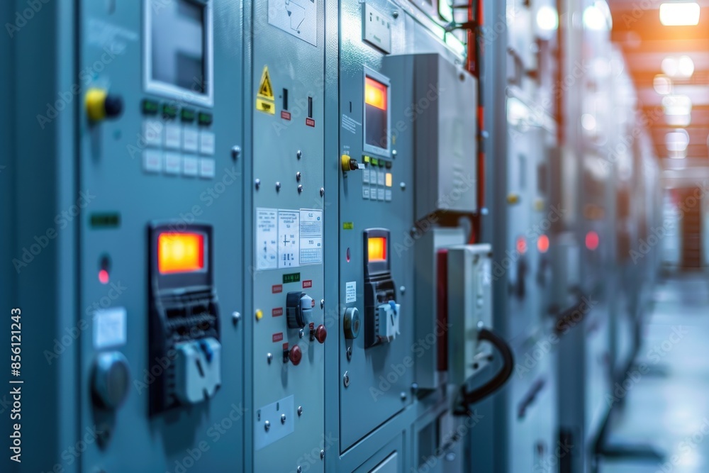 A bunch of electrical switches and panels inside a room, suitable for use in illustrations about electronics, home appliances or engineering A bunch of electrical switches and panels inside a room, suitable for use in illustrations about electronics, home appliances or engineering