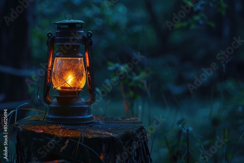 A lantern sits atop a tree stump in a dark or forest environment, providing light