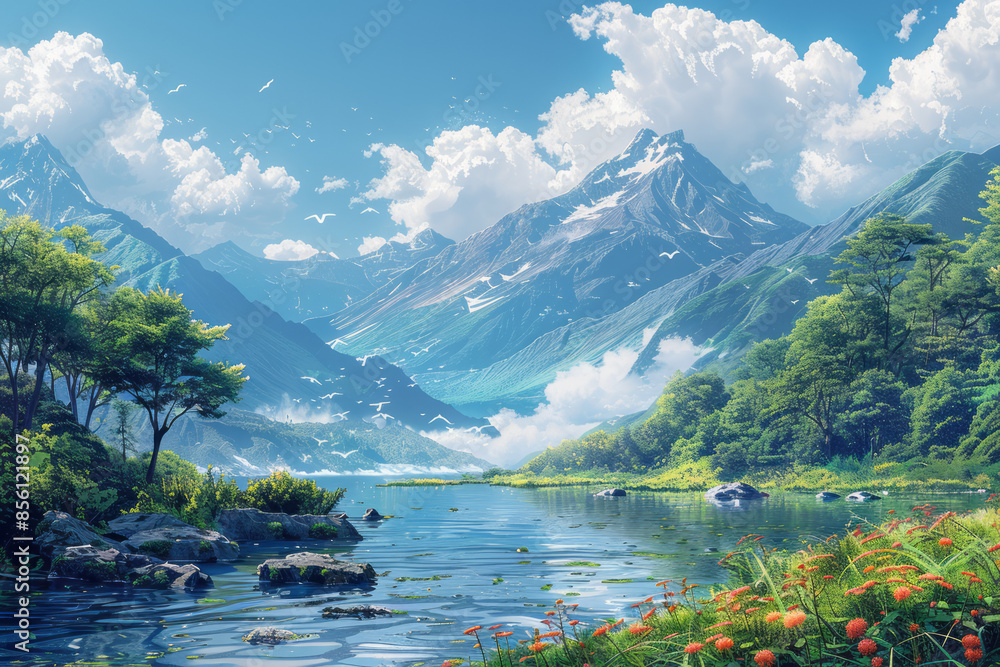 A nostalgic digital world with pixelated mountains and rivers, A nostalgic digital world with pixelated mountains and rivers,