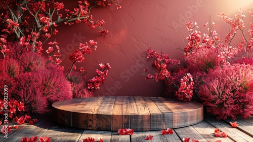 Wooden stage surrounded by lush red flowers and foliage, ideal for presentations, performances, or display setups in a serene outdoor setting. photo