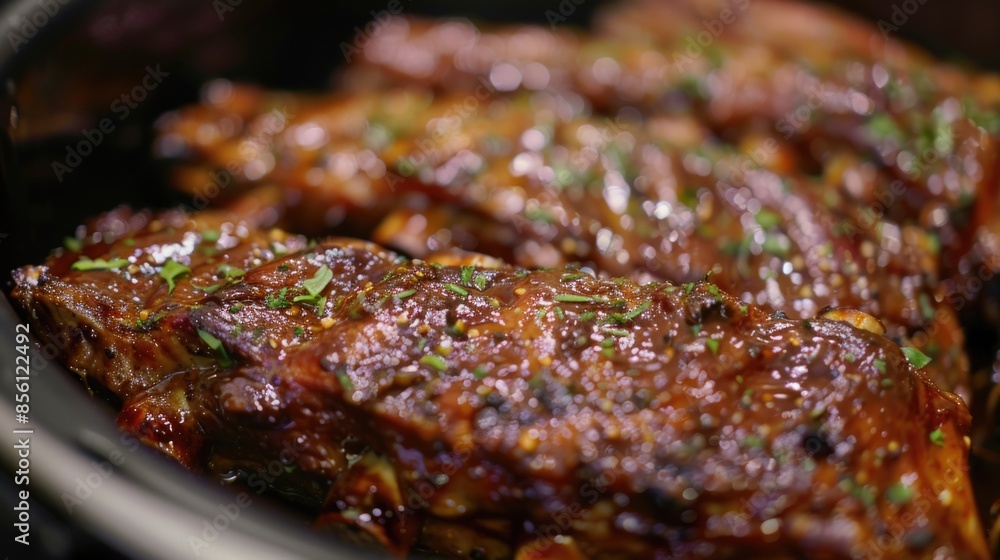 A close-up view of tender meat cooking in a slow cooker, perfect for use in food and recipe images A close-up view of tender meat cooking in a slow cooker, perfect for use in food and recipe images