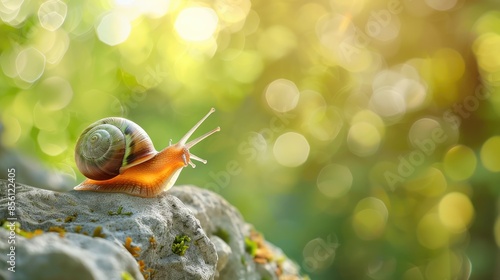 Snail on a Rock in a Sunlit Forest photo