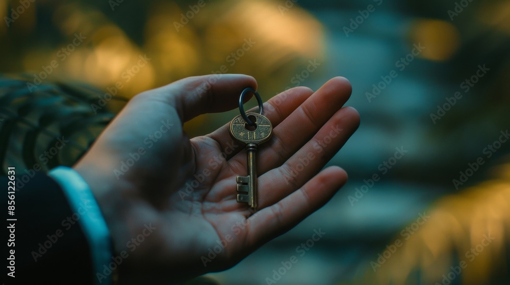 Fototapeta premium Embracing Change - Close-up Hand Holding Key Signifying New Beginnings and Transition to a Fresh Chapter in Life