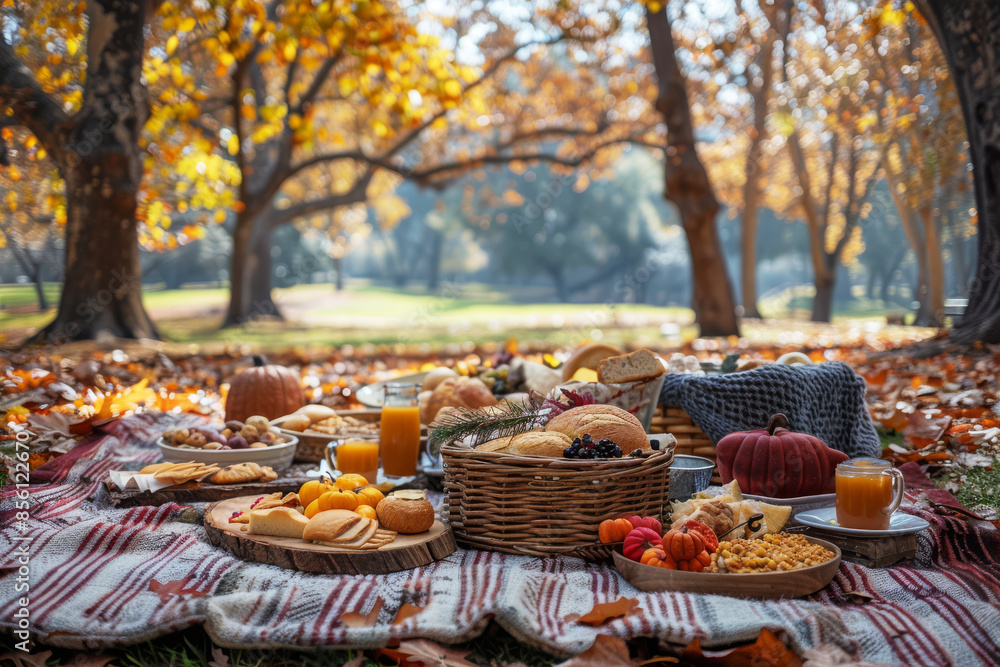 Rustic Thanksgiving picnic set in a picturesque autumn countryside. The blanket is spread with an assortment of seasonal dishes and desserts, including pumpkin pie, breads, and cheeses Rustic Thanksgiving picnic set in a picturesque autumn countryside. The blanket is spread with an assortment of seasonal dishes and desserts, including pumpkin pie, breads, and cheeses