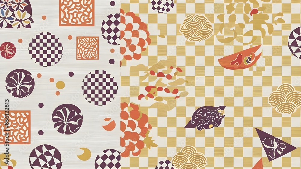 A white, yellow background with Japanese patterns and a checkered pattern. traditional geometric designs, in a seamless repeating pattern. A white, yellow background with Japanese patterns and a checkered pattern. traditional geometric designs, in a seamless repeating pattern.