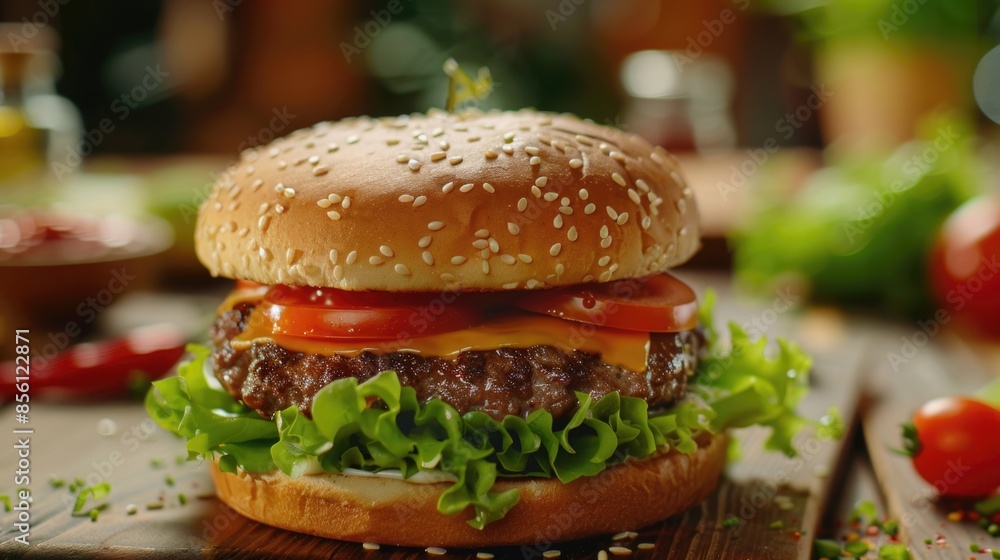 A juicy hamburger topped with crisp lettuce, ripe tomato, and melted cheese A juicy hamburger topped with crisp lettuce, ripe tomato, and melted cheese