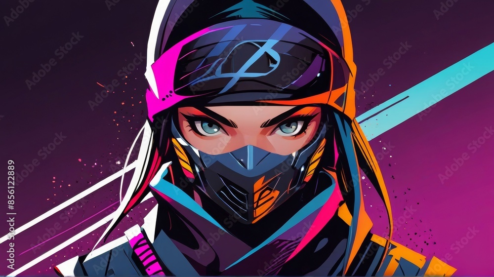 Cartoon illustration of a cyber ninja with piercing eyes, wearing a colorful mask and bandana, set against a vibrant and dynamic background. Cartoon illustration of a cyber ninja with piercing eyes, wearing a colorful mask and bandana, set against a vibrant and dynamic background.