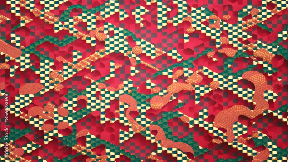 A red background with Japanese patterns and a checkered pattern. traditional geometric designs, in a seamless repeating pattern. A red background with Japanese patterns and a checkered pattern. traditional geometric designs, in a seamless repeating pattern.