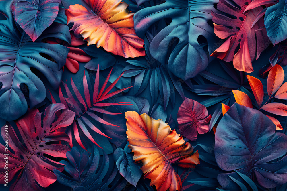 Colorful tropical leaves background with 3D illustration, ideal for nature-themed designs and art prints. Colorful tropical leaves background with 3D illustration, ideal for nature-themed designs and art prints.