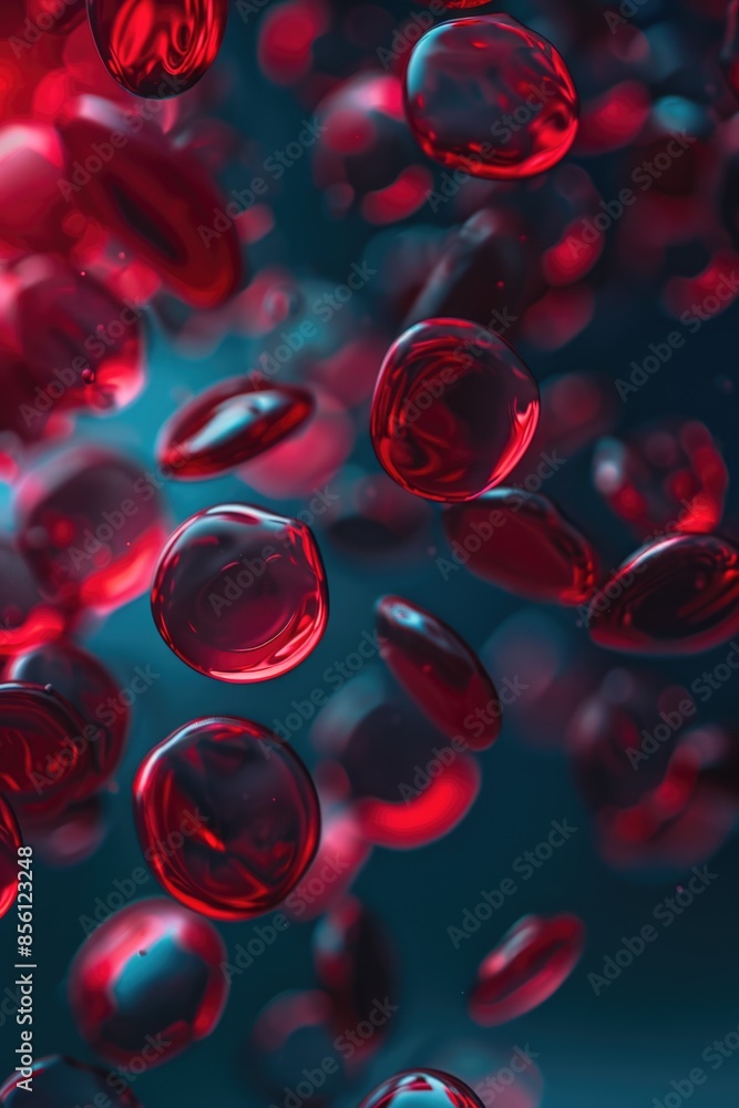 A collection of red and blue spheres suspended in mid-air, with no visible attachment or support A collection of red and blue spheres suspended in mid-air, with no visible attachment or support