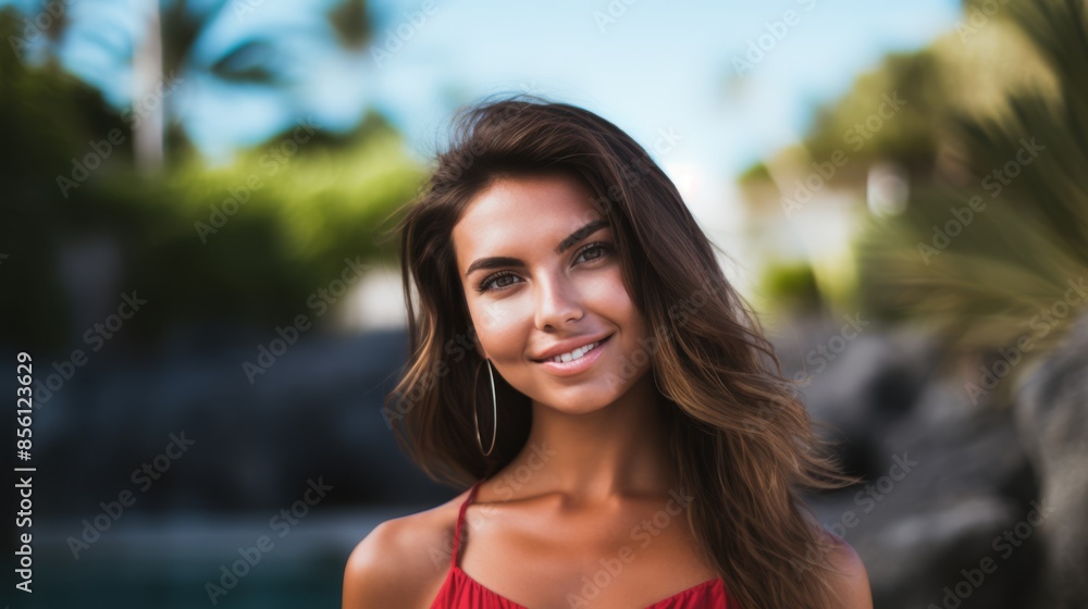 Smiling brunette woman in a red dress enjoying a tropical paradise. The lush greenery and serene background enhance the relaxed, sunny atmosphere Smiling brunette woman in a red dress enjoying a tropical paradise. The lush greenery and serene background enhance the relaxed, sunny atmosphere