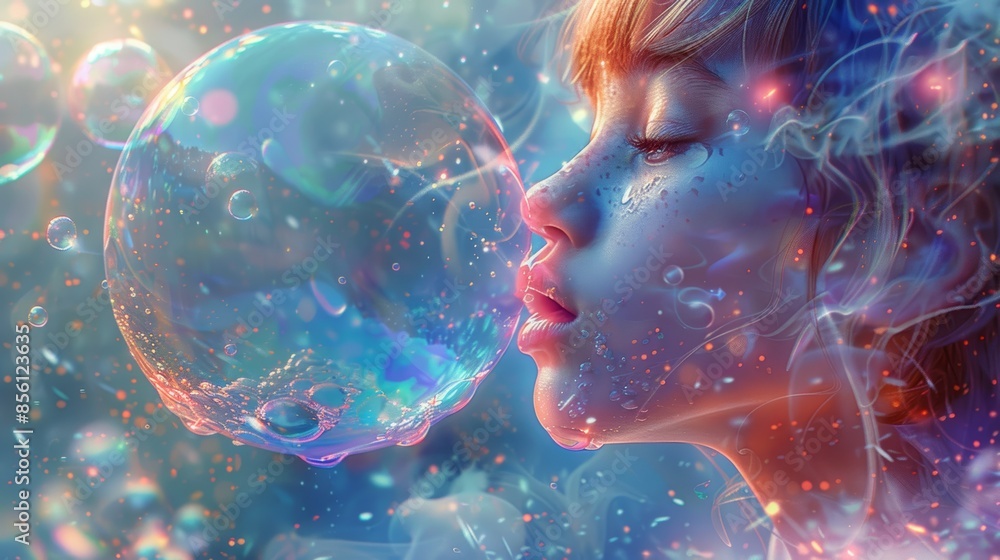 A close-up of a child blowing a large, iridescent bubble, with a look of wonder on their face as it floats away. A close-up of a child blowing a large, iridescent bubble, with a look of wonder on their face as it floats away.