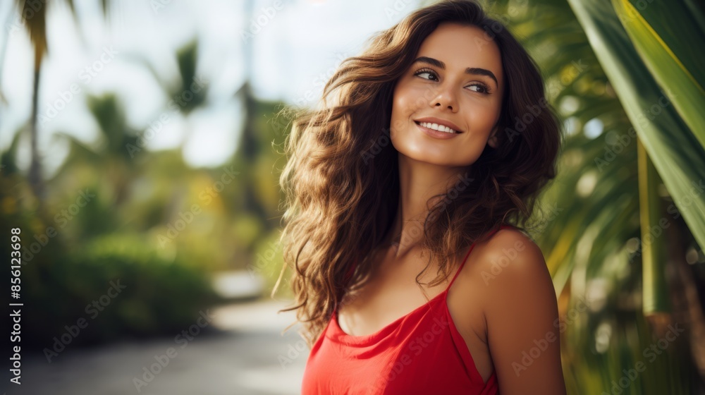 Smiling brunette woman in a red dress standing outdoors with a lush tropical background. Palm trees and greenery create a serene, sunlit vacation atmosphere Smiling brunette woman in a red dress standing outdoors with a lush tropical background. Palm trees and greenery create a serene, sunlit vacation atmosphere
