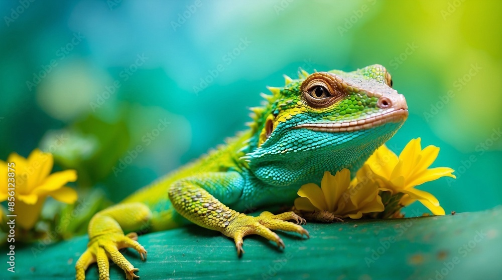 Obraz premium Lizard shadow on green sheet close-up macro. Lizard and a flower on a beautiful soft turquoise and yellow background summer outdoors. Very nice stunning artistic image. Desktop wallpapers, postcard 