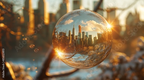 A close-up of a soap bubble on a hot day, showing the inverted reflection of a distant city skyline, resembling a mirage in the urban landscape.