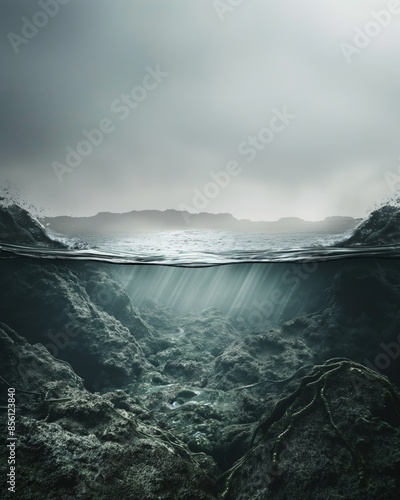 A split view seascape showing the mysterious underwater world and the cloudy sky above it photo