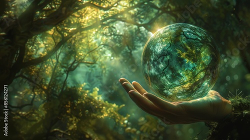 A conceptual image of a person reaching out to touch a bubble that contains a distorted, dreamlike scene of lush greenery and flowing water, symbolizing the desire for an unattaina