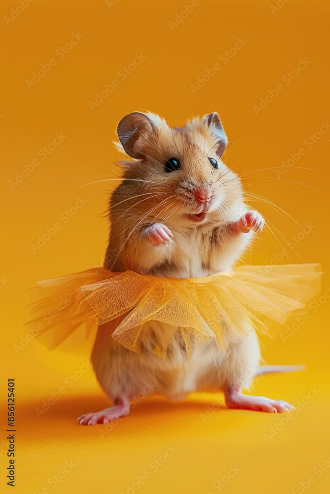 A small furry hamster wearing a pink tutu stands out against a bright yellow background A small furry hamster wearing a pink tutu stands out against a bright yellow background
