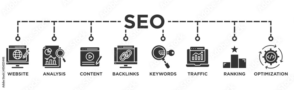 SEO banner web icon vector illustration concept for search engine optimization with icon of website, analysis, content, backlinks, keywords, traffic, ranking, and optimization SEO banner web icon vector illustration concept for search engine optimization with icon of website, analysis, content, backlinks, keywords, traffic, ranking, and optimization