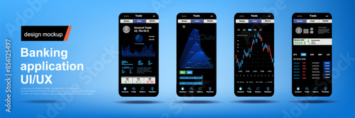 Mobile application with modern trading platform. Presentation platform for smartphone. Modern application on smartphone with stock currency market. User interface on new smartphone and marketplace