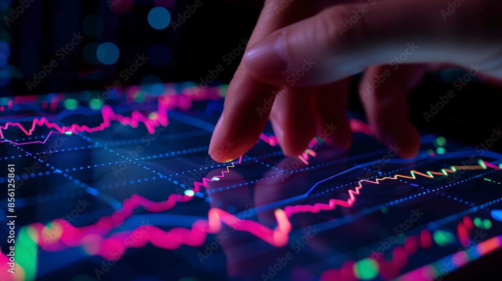 Finger Pointing At The Stock Market Chart On The Screen: Strategic Financial Analytics. Digital Tools For Optimizing Investment Decisions Finger Pointing At The Stock Market Chart On The Screen: Strategic Financial Analytics. Digital Tools For Optimizing Investment Decisions