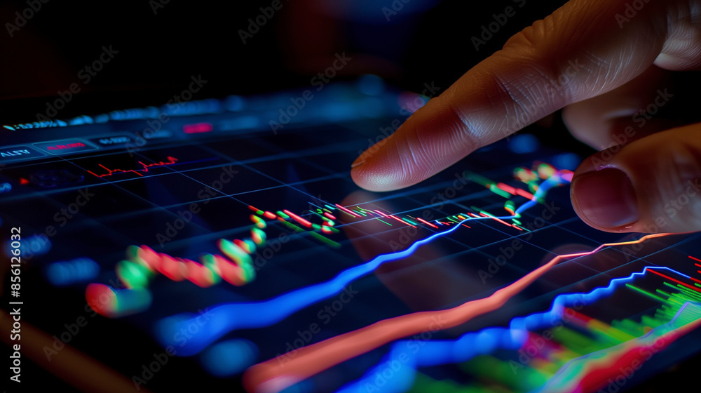 Finger Pointing At The Stock Market Chart On The Screen: Strategic Financial Analytics. Digital Tools For Optimizing Investment Decisions