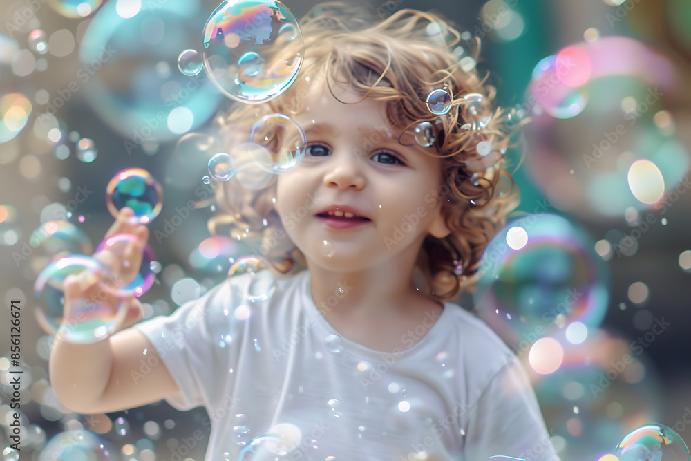 A joyful child with a happy face playing with soap bubbles, capturing the essence of childhood fun. A joyful child with a happy face playing with soap bubbles, capturing the essence of childhood fun.