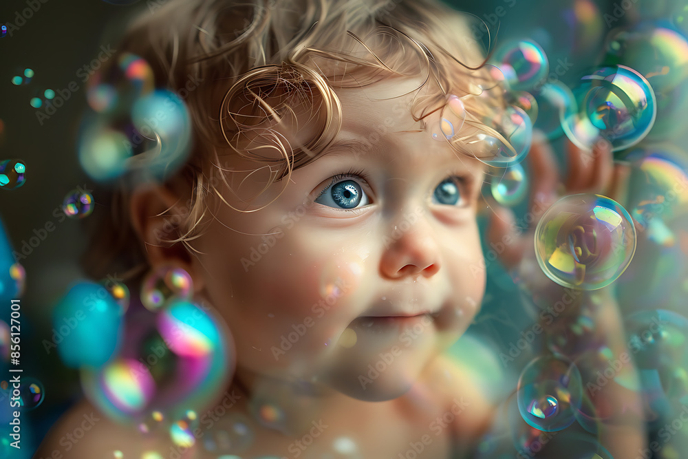 A joyful child with a happy face playing with soap bubbles, capturing the essence of childhood fun. A joyful child with a happy face playing with soap bubbles, capturing the essence of childhood fun.