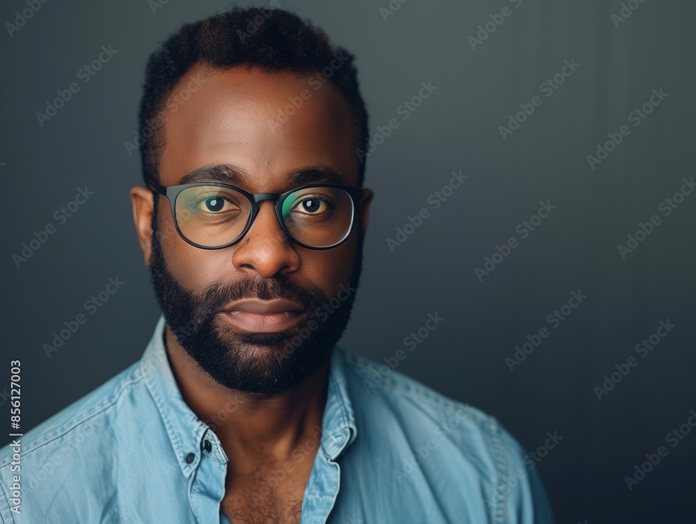 Fototapeta premium A portrait of an African American man with short hair and beard, wearing glasses, looking directly at the camera against a dark grey background.