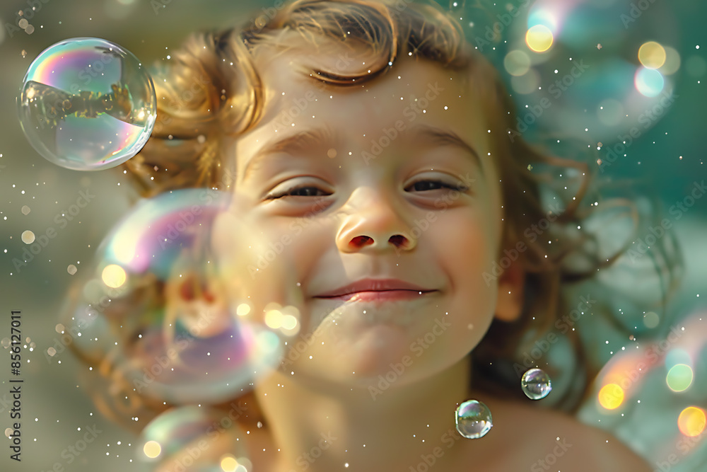 A joyful child with a happy face playing with soap bubbles, capturing the essence of childhood fun. A joyful child with a happy face playing with soap bubbles, capturing the essence of childhood fun.