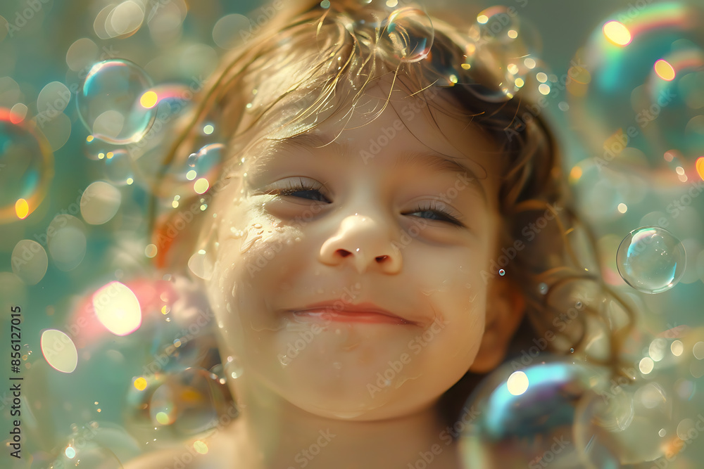 A joyful child with a happy face playing with soap bubbles, capturing the essence of childhood fun. A joyful child with a happy face playing with soap bubbles, capturing the essence of childhood fun.