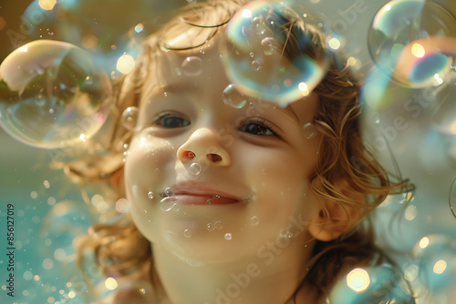 A joyful child with a happy face playing with soap bubbles, capturing the essence of childhood fun.