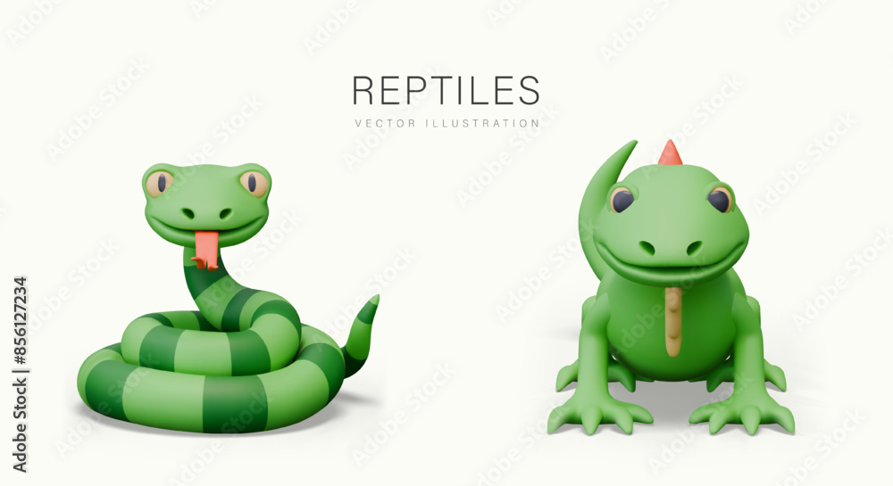 Set of reptiles in realistic cartoon style. Green striped snake, iguana Set of reptiles in realistic cartoon style. Green striped snake, iguana