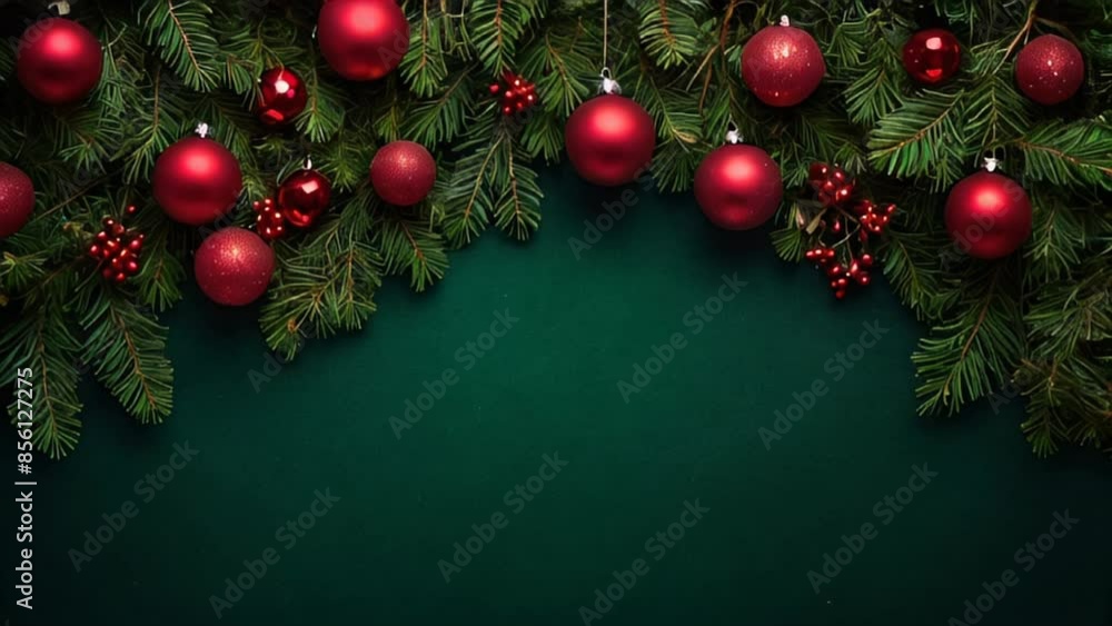 Festive Christmas border with red ornaments, pine branches on a green background. Perfect for holiday greetings, blank free space. Festive Christmas border with red ornaments, pine branches on a green background. Perfect for holiday greetings, blank free space.