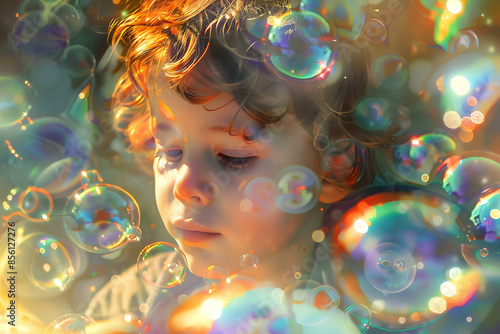 A joyful child with a happy face playing with soap bubbles, capturing the essence of childhood fun.