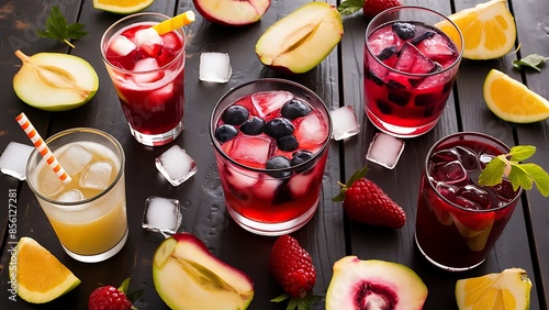 Different types of summer drinks in glasses cubes of ice and slice of fruits on dark wiooden table healthy vitamin fruit and berry drinks photo