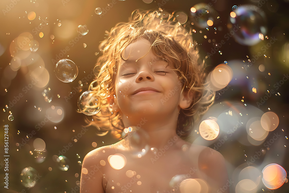 A joyful child with a happy face playing with soap bubbles, capturing the essence of childhood fun. A joyful child with a happy face playing with soap bubbles, capturing the essence of childhood fun.