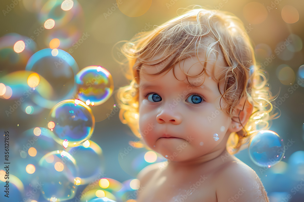 A joyful child with a happy face playing with soap bubbles, capturing the essence of childhood fun. A joyful child with a happy face playing with soap bubbles, capturing the essence of childhood fun.