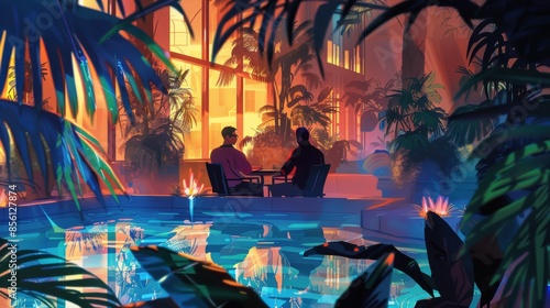 Two men sitting at a table surrounded by tropical plants. Digital illustration.