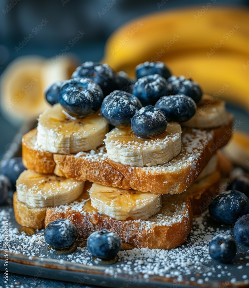 Banana and blueberry French toast with powdered sugar. Close-up photography. Breakfast and dessert concept. Banana and blueberry French toast with powdered sugar. Close-up photography. Breakfast and dessert concept.