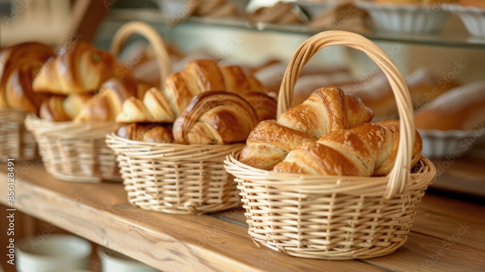 Home baked crescent buns displayed in baskets on a wooden shelf Home baked crescent buns displayed in baskets on a wooden shelf