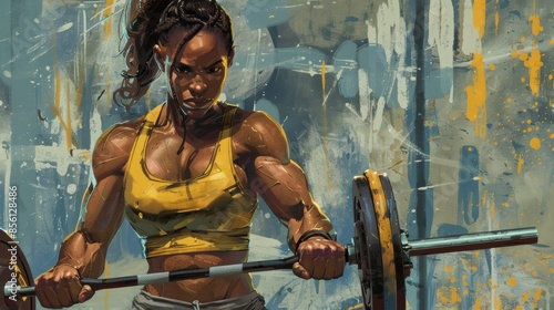 Strong woman lifting weights in a grungy gym. Digital illustration.