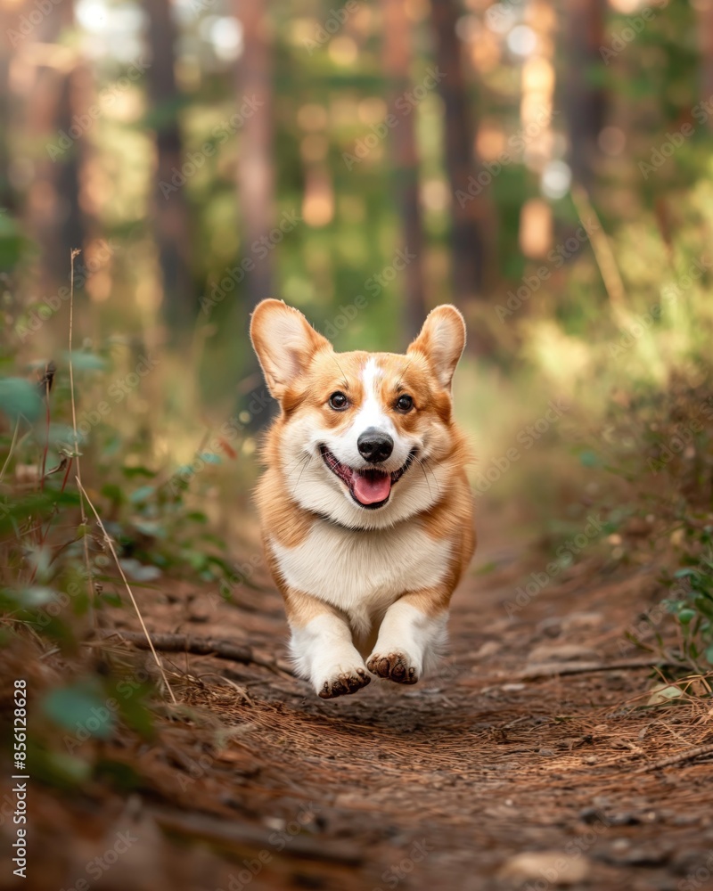 Peaceful image of a corgi walking towards the sunlight on a forest trail, inspiring a sense of calm exploration Peaceful image of a corgi walking towards the sunlight on a forest trail, inspiring a sense of calm exploration